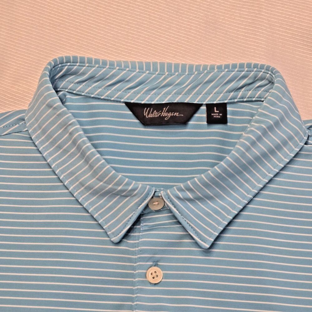 Walter Hagen Golf Polo Shirt Men’s L Turquoise White Stripe -‎ Wicking & Stretch - Picture 4 of 10